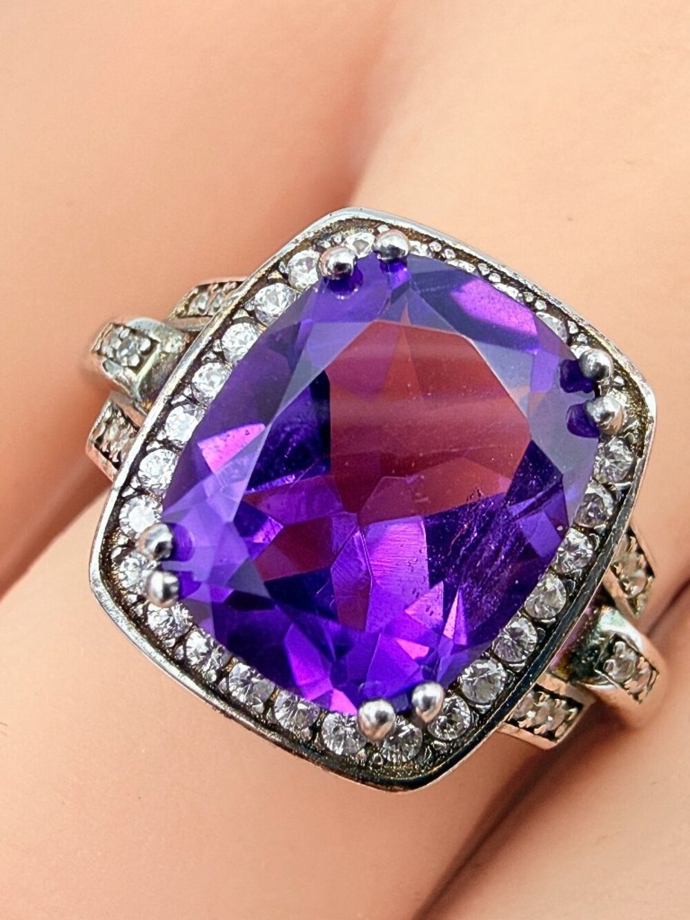 Elegant Marked JCL Sterling Silver Amethyst Art Deco Cocktail Ring Sz 9.75
